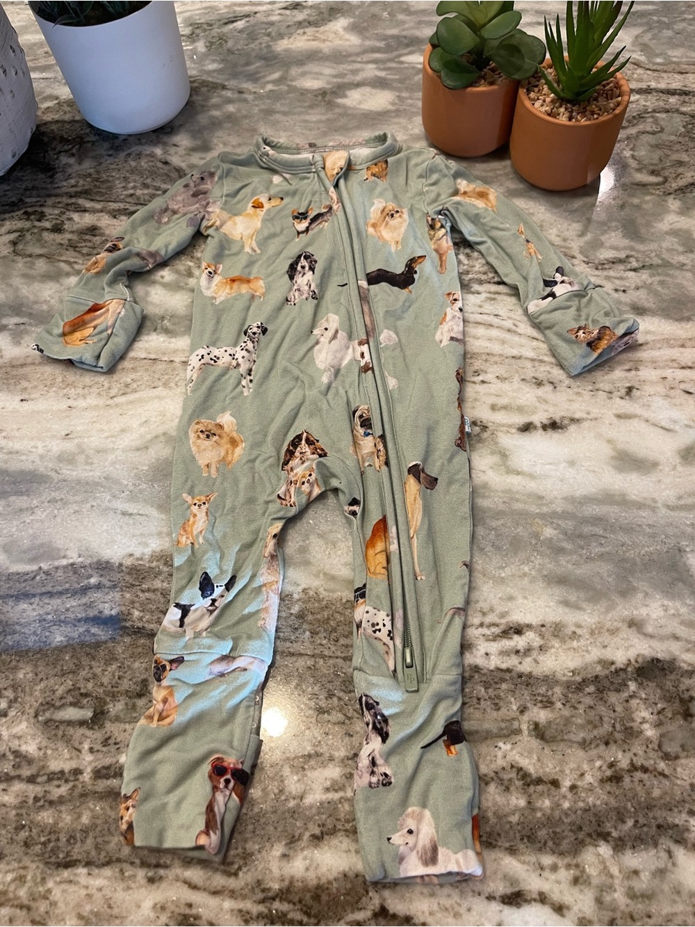 Posh Peanut Sage Green Puppy Print One-Piece Footie pajamas